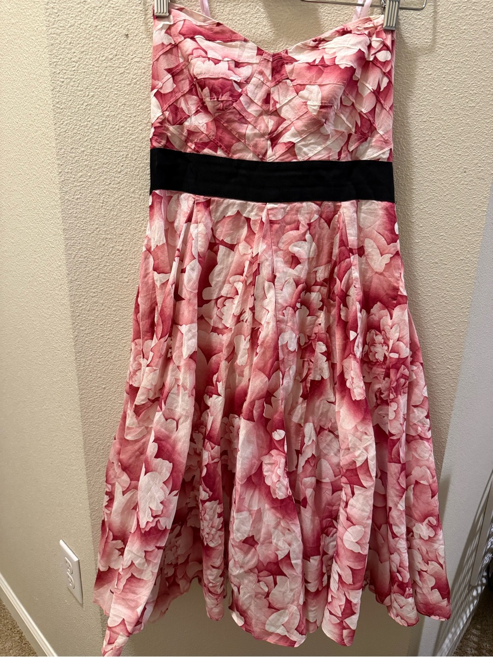 Maeve Pink and White Floral Fit-and-Flare Dress with Black Waistband